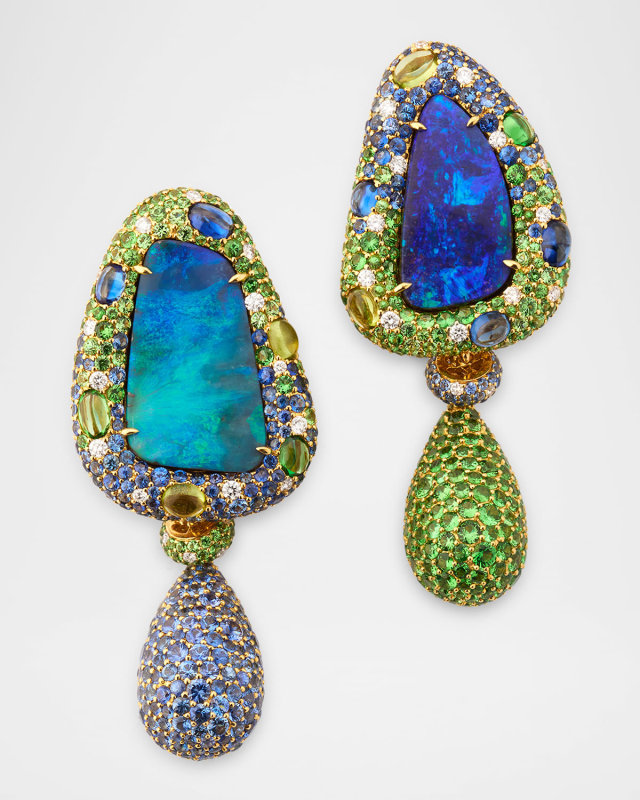 18K Yellow Gold Boulder Opal Earrings with Blue Sapphires and Tsavorite